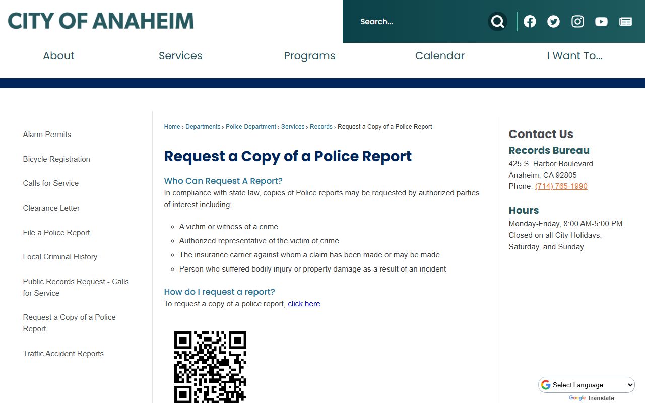 Anaheim Police Department police report request page