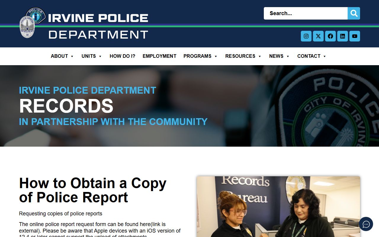 Irvine Police Department records division page
