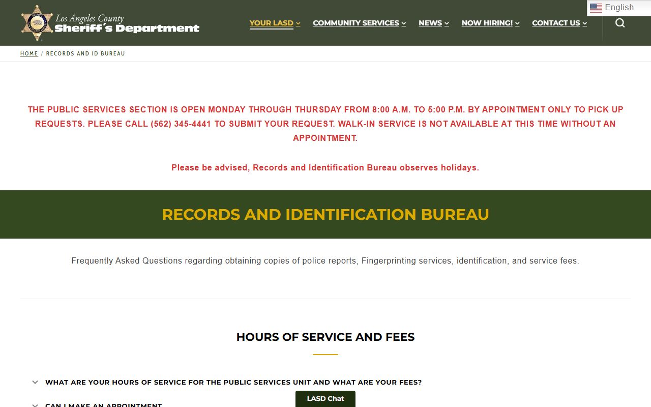 Los Angeles County Sheriff Records FAQ page
