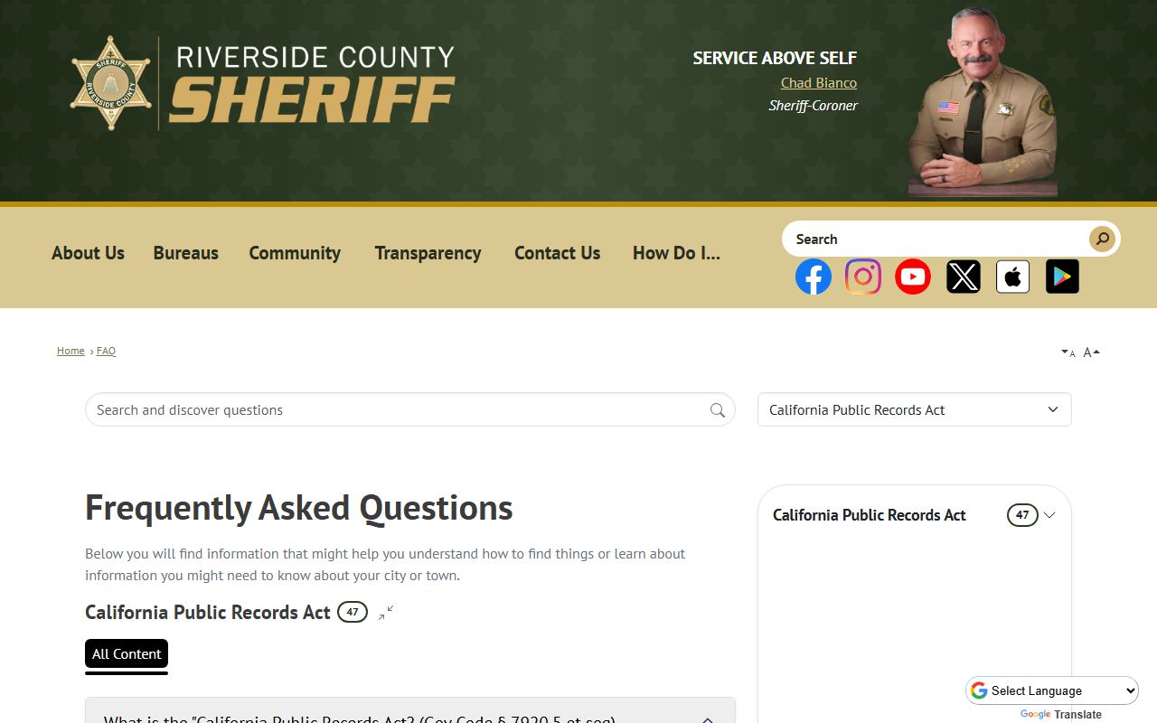 Riverside County Sheriff CPRA frequently asked questions page