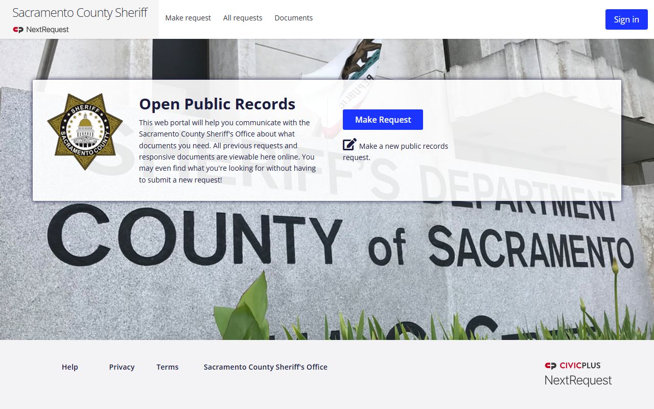 Sacramento County Sheriff NextRequest online records portal