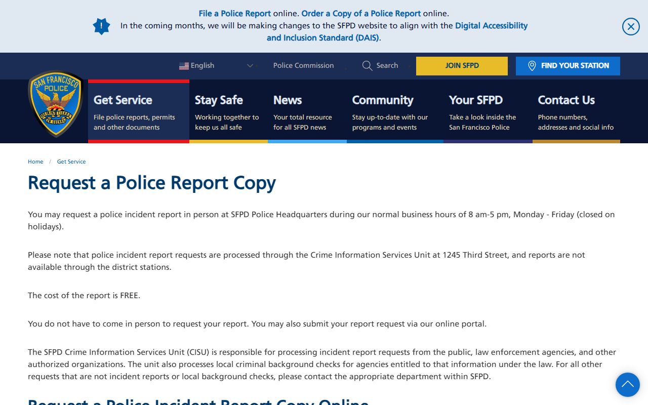 San Francisco Police Department incident report request page