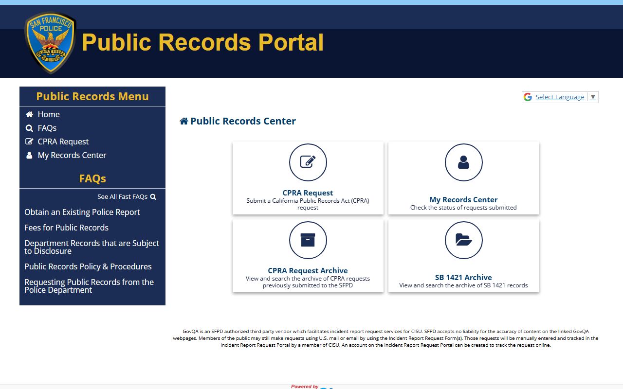 San Francisco Police Department GovQA online portal