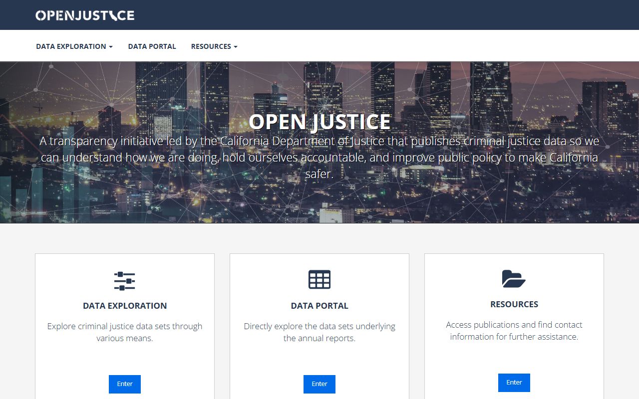 California DOJ OpenJustice data portal showing crime statistics