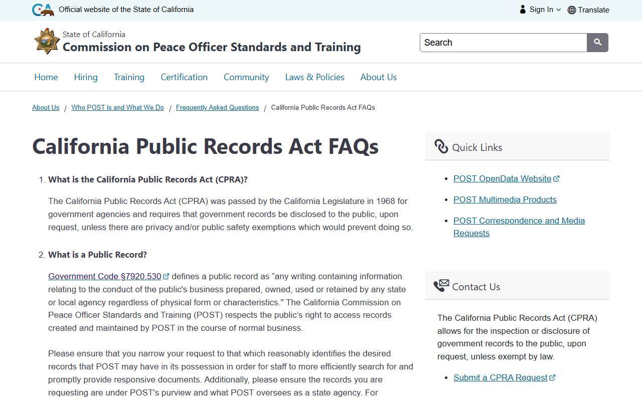California POST public records act frequently asked questions